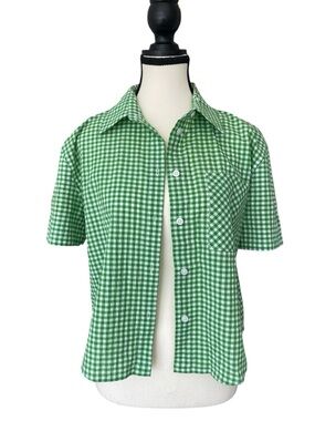 Aritzia Sunday Best Eliza Green Gingham Short Sleeve Cropped Boxy Shirt Size S